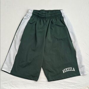 Spot On Camp Wekeela green and white logo basketball athletic shorts